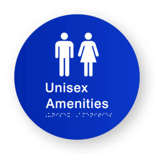 Unisex Amenities Braille Sign on a Tactile Printed Blue Acrylic Disk - Image 1