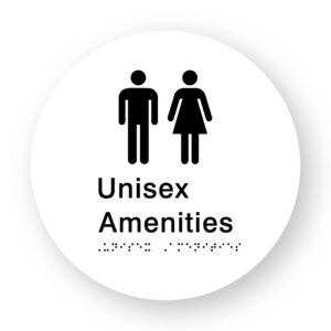 Unisex Amenities Braille Sign on a Tactile Printed White Acrylic Disk - Image 1