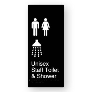 Unisex Staff Toilet & Shower Braille Sign in XL Black Aluminium