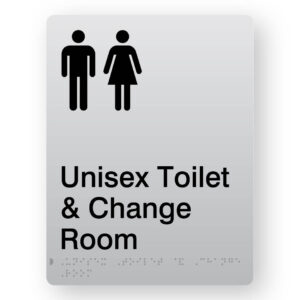 Unisex Toilet & Change Room Braille Sign in Portrait Silver Acrylic