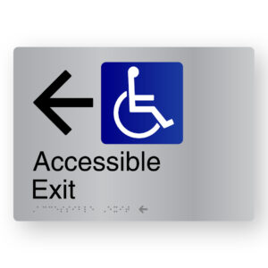 Accessible Exit (Left Arrow) Braille Sign in Stainless Steel