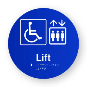 Accessible Lift Braille Sign on a Tactile Printed Blue Acrylic Disk - Image 1
