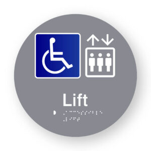 Accessible Lift Braille Sign on a Tactile Printed Grey Acrylic Disk