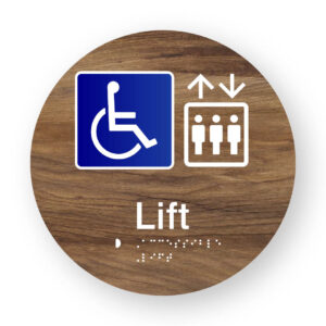 Accessible Lift Braille Sign on a Tactile Printed Mid-Woodgrain Acrylic Disk - Image 1