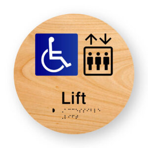Accessible Lift Braille Sign on a Tactile Printed Woodgrain Acrylic Disk