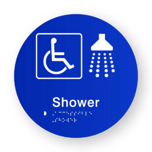 Accessible Shower Braille Sign on a Tactile Printed Blue Acrylic Disk