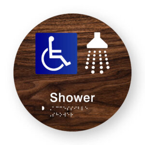 Accessible Shower Braille Sign on a Tactile Printed Dark Woodgrain Acrylic Disk