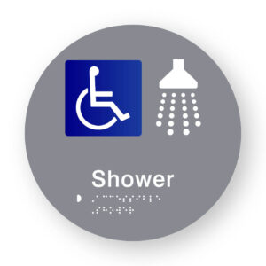 Accessible Shower Braille Sign on a Tactile Printed Grey Acrylic Disk