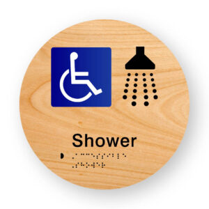 Accessible Shower Braille Sign on a Tactile Printed Woodgrain Acrylic Disk