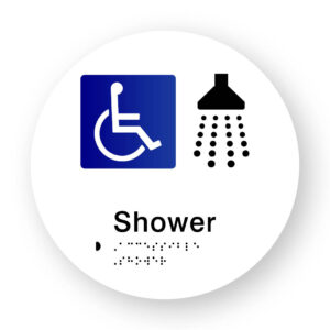 Accessible Shower Braille Sign on a Tactile Printed White Acrylic Disk - Image 1