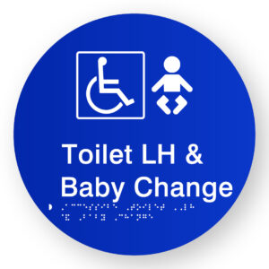 Accessible Toilet LH & Baby Change Braille Sign on a Tactile Printed Blue Acrylic Disk - Image 1