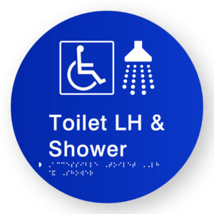 Accessible Toilet LH & Shower Braille Sign on a Tactile Printed Blue Acrylic Disk - Image 1