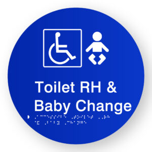 Accessible Toilet RH & Baby Change Braille Sign on a Tactile Printed Blue Acrylic Disk - Image 1