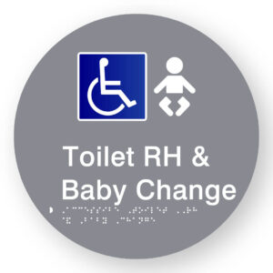 Accessible Toilet RH & Baby Change Braille Sign on a Tactile Printed Grey Acrylic Disk