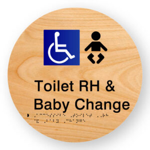 Accessible Toilet RH & Baby Change Braille Sign on a Tactile Printed Woodgrain Acrylic Disk