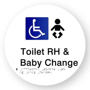 Accessible Toilet RH & Baby Change Braille Sign on a Tactile Printed White Acrylic Disk - Image 1