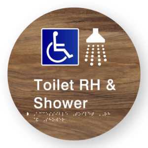 Accessible Toilet RH & Shower Braille Sign on a Tactile Printed Mid-Woodgrain Acrylic Disk - Image 1
