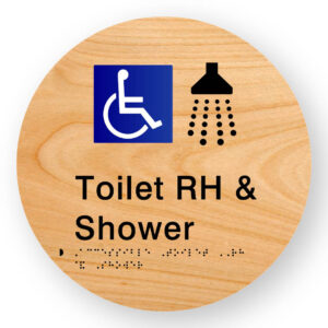 Accessible Toilet RH & Shower Braille Sign on a Tactile Printed Woodgrain Acrylic Disk