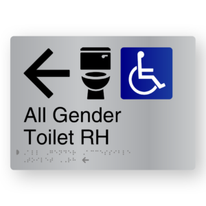 All Gender Toilet RH (Left Arrow) Braille Sign in Stainless Steel