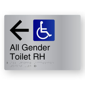 All Gender Toilet RH (Left Arrow) Braille Sign in Stainless Steel