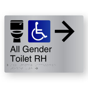 All Gender Toilet RH (Right Arrow) Braille Sign in Stainless Steel