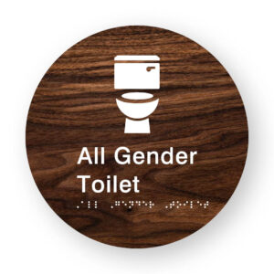 All Gender Toilet Braille Sign on a Tactile Printed Dark Woodgrain Acrylic Disk - Image 1