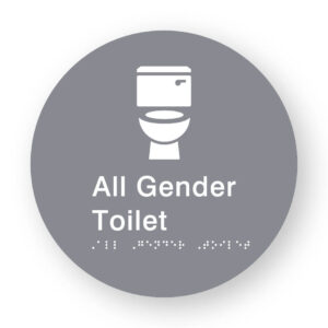 All Gender Toilet Braille Sign on a Tactile Printed Grey Acrylic Disk