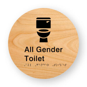 All Gender Toilet Braille Sign on a Tactile Printed Woodgrain Acrylic Disk