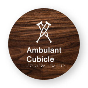 Ambulant Cubicle Braille Sign on a Tactile Printed Dark Woodgrain Acrylic Disk - Image 1