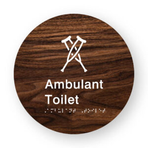 Ambulant Toilet Braille Sign on a Tactile Printed Dark Woodgrain Acrylic Disk - Image 1