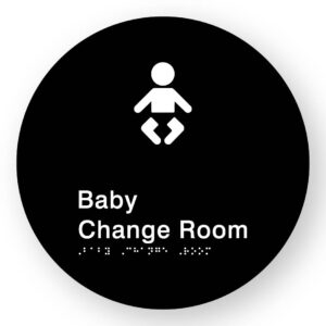 Baby Change Room Braille Sign on a Tactile Printed Black Acrylic Disk