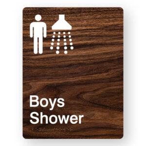 Boys Shower Braille Sign in Portrait Dark Woodgrain - Image 1