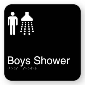 Boys Shower Braille Sign in Square Black Acrylic