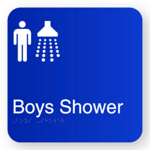 Boys Shower Braille Sign in Blue Square Acrylic
