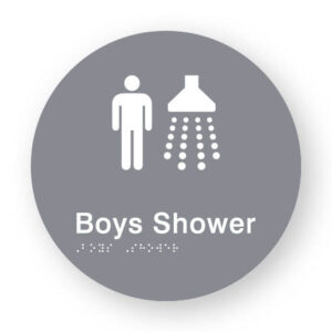 Boys Shower Braille Sign on a Tactile Printed Grey Acrylic Disk