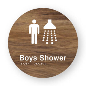 Boys Shower Braille Sign on a Tactile Printed Mid-Woodgrain Acrylic Disk