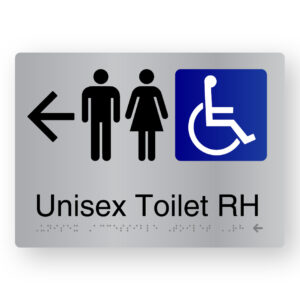 Unisex Accessible Toilet RH (Left Arrow) Braille Sign in Stainless Steel