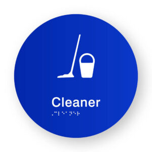 Cleaner Braille Sign on a Tactile Printed Blue Acrylic Disk