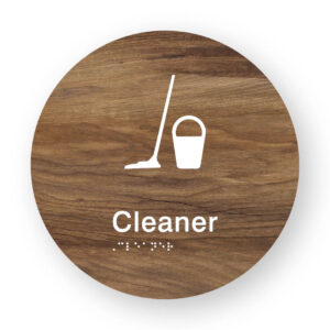Cleaner Braille Sign on a Tactile Printed Mid-Woodgrain Acrylic Disk
