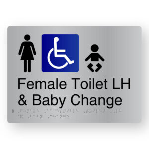 Female Accessible Toilet LH & Baby Change Braille Sign in Stainless Steel