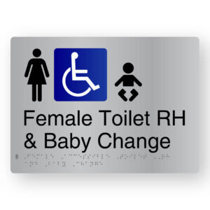Female Accessible Toilet RH & Baby Change Braille Sign in Stainless Steel