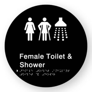Female Toilet Ambulant Toilet & Shower Braille Sign on a Tactile Printed Black Acrylic Disk - Image 1