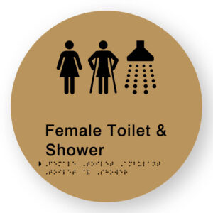Female Toilet Ambulant Toilet & Shower Braille Sign on a Tactile Printed Gold Acrylic Disk - Image 1