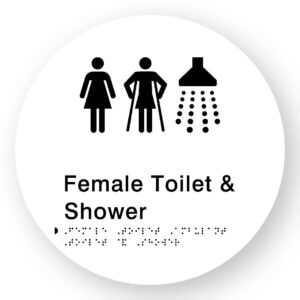 Female Toilet Ambulant Toilet & Shower Braille Sign on a Tactile Printed White Acrylic Disk - Image 1