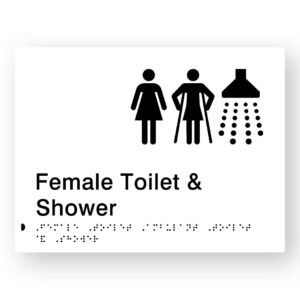 Female Toilet Ambulant Toilet & Shower Braille Sign in White Tactile Printed Acrylic