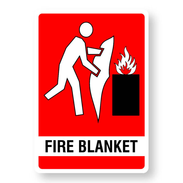 Fire Blanket - 150x215 - (SKU - STAT - FB) Red 1 Fire Blanket Sign, Red Back ground sign with a White Symbol of a person throwing a fire blanket over a fire, Black text reads Fire Blanket