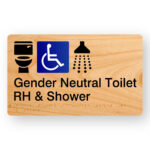 Gender Neutral Accessible Toilet RH & Shower Braille Sign in Woodgrain Acrylic. A Woodgrain colour panel with black raised tactile text & graphics including the Toilet, Accessible & Shower symbols.