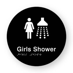 Girls Shower Braille Sign on a Tactile Printed Black Acrylic Disk - Image 1