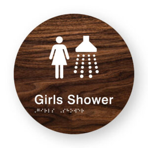 Girls Shower Braille Sign on a Tactile Printed Dark Woodgrain Acrylic Disk - Image 1