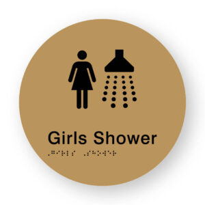 Girls Shower Braille Sign on a Tactile Printed Gold Acrylic Disk - Image 1